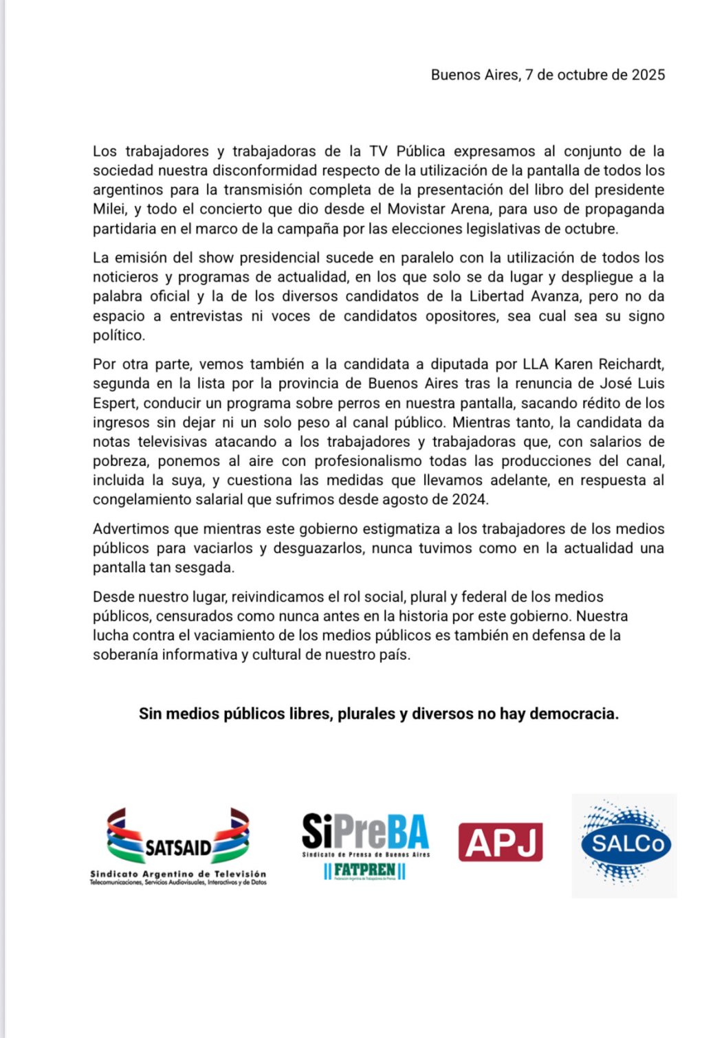 Trabajadores de la TV Publica rechazan la utilización partidaria de Milei y el vaciamiento de&nbsp;medios