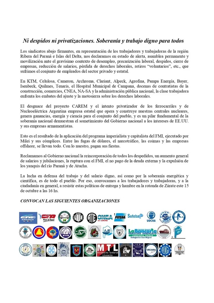 Sindicatos convocan en Zárate contra las políticas de desguace de&nbsp;Milei